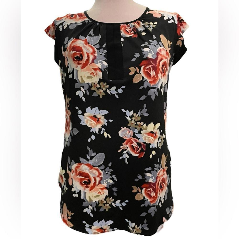 Black Floral Cap Sleeve Top